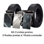Kit 3 cintos social preto com fivela cromada
